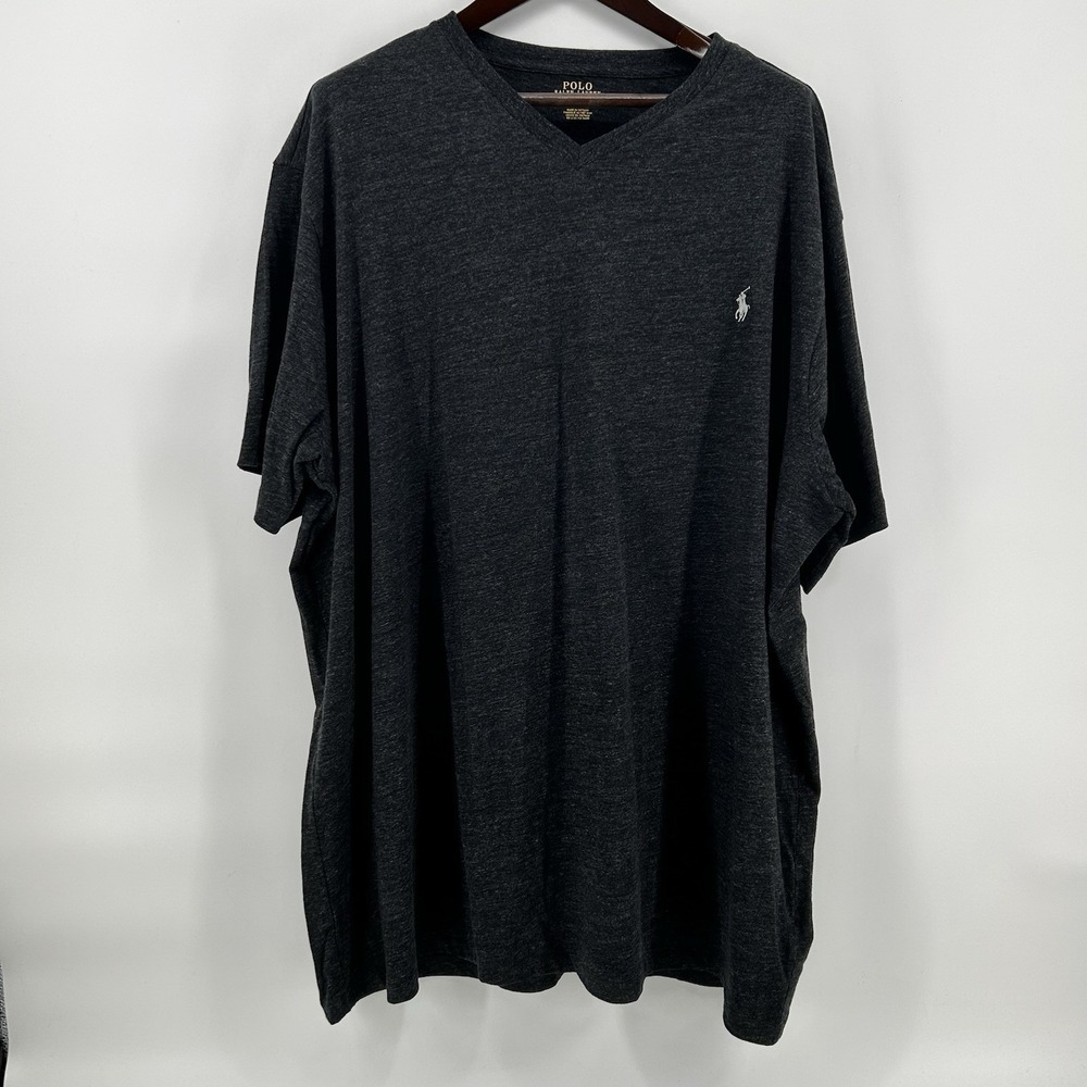 Polo Ralph Lauren V Neck T Shirt Mens 3XLT Charcoal Gray Heather White Pony EUC!